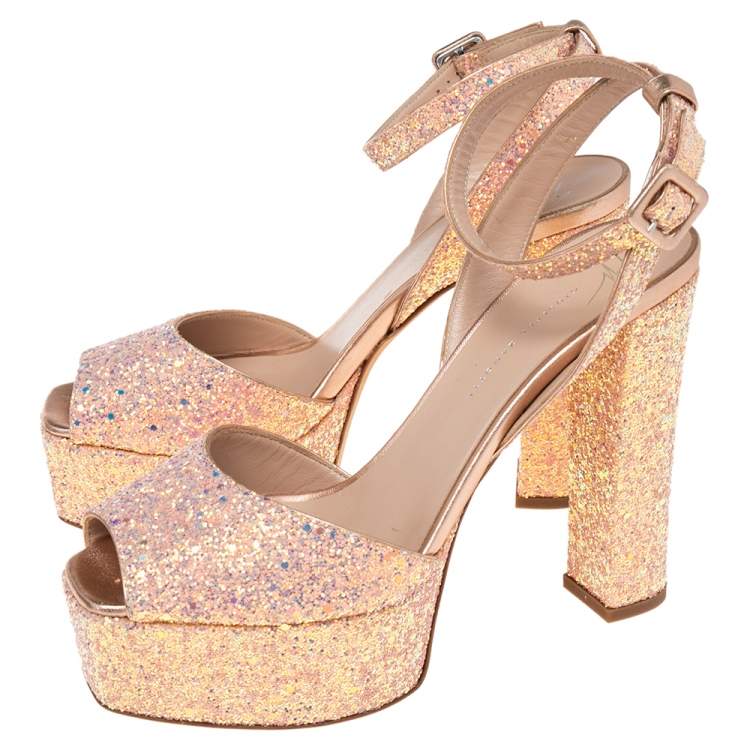 Pre Owned Giuseppe Zanotti Pink Coarse Glitter And Leather Ankle Strap Platform Sandals 40.5