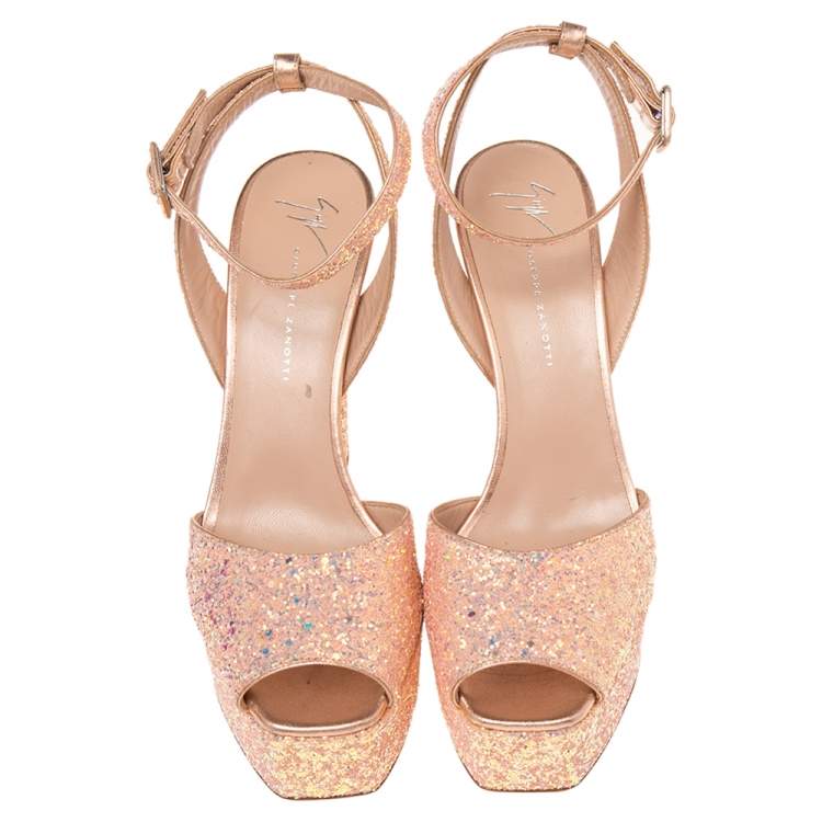Pre Owned Giuseppe Zanotti Pink Coarse Glitter And Leather Ankle Strap Platform Sandals 40.5