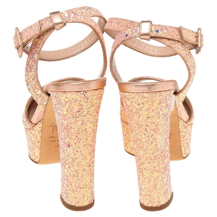 Pre Owned Giuseppe Zanotti Pink Coarse Glitter And Leather Ankle Strap Platform Sandals 40.5