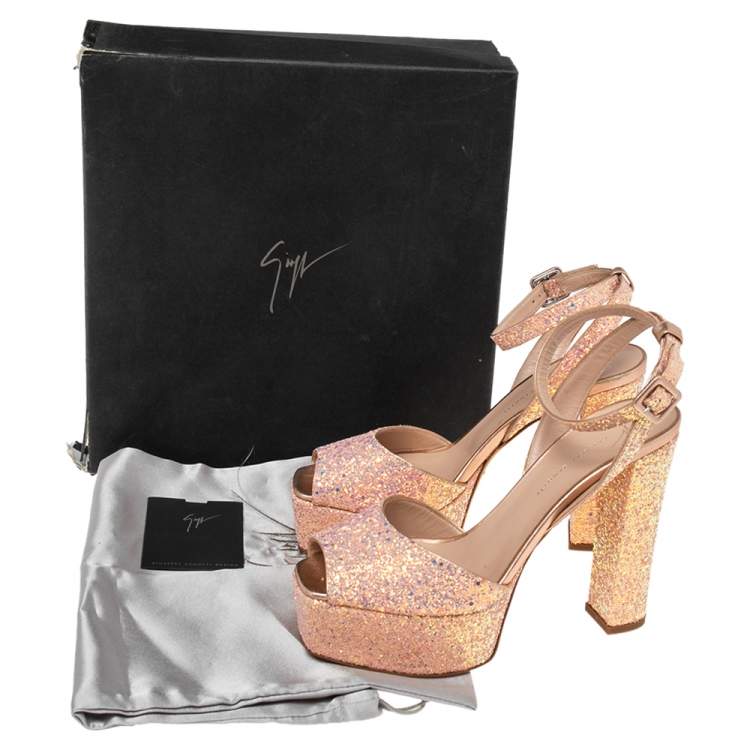 Pre Owned Giuseppe Zanotti Pink Coarse Glitter And Leather Ankle Strap Platform Sandals 40.5