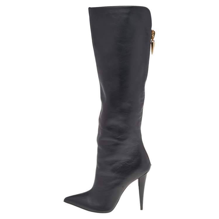 Pre Owned Giuseppe Zanotti Black Leather Pointed Toe Knee Length Boots Size 38.5