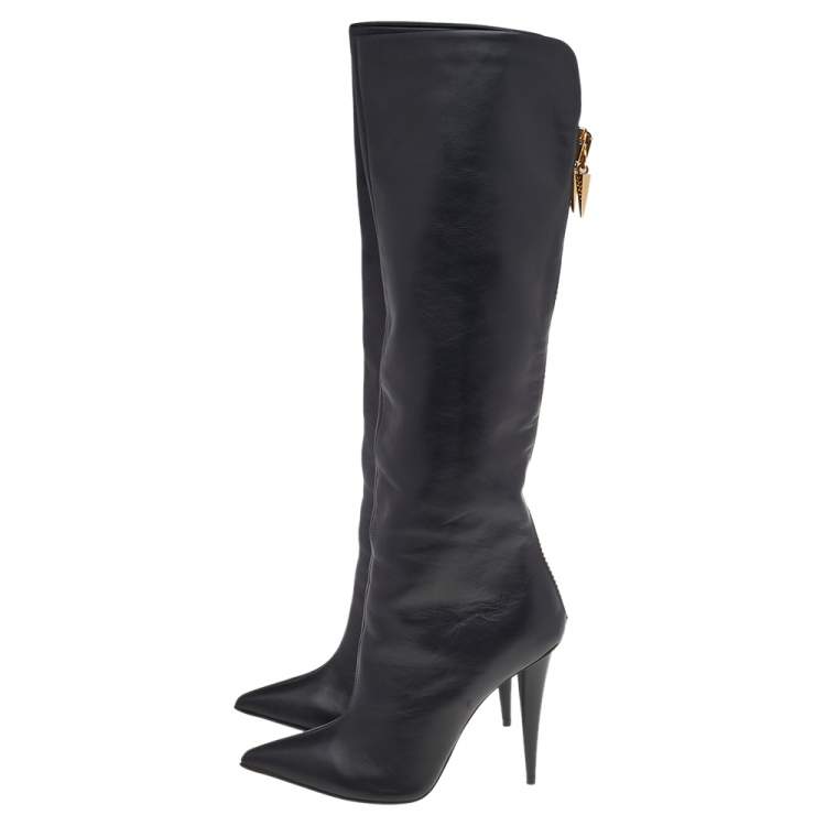 Pre Owned Giuseppe Zanotti Black Leather Pointed Toe Knee Length Boots Size 38.5