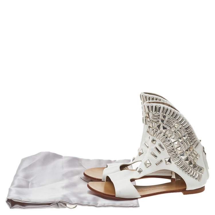 Pre Owned Giuseppe Zanotti White Leather Bootie Napa Blanco Flat Sandals Size 38