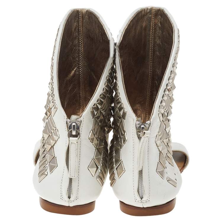 Pre Owned Giuseppe Zanotti White Leather Bootie Napa Blanco Flat Sandals Size 38