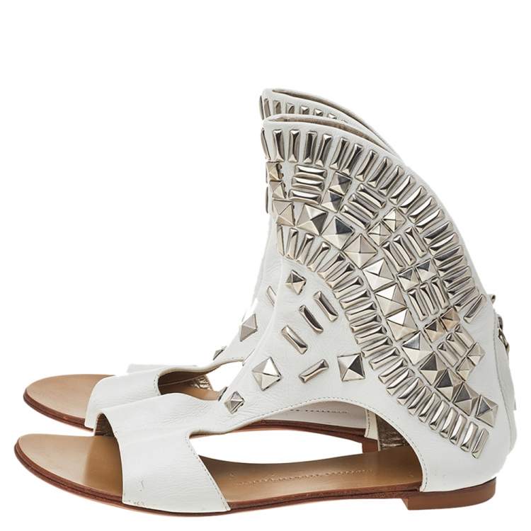 Pre Owned Giuseppe Zanotti White Leather Bootie Napa Blanco Flat Sandals Size 38