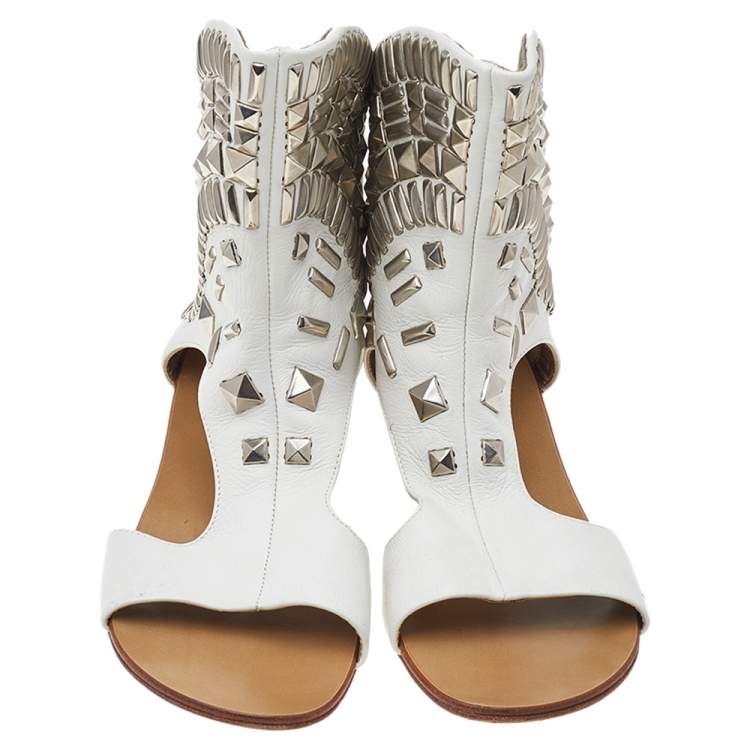 Pre Owned Giuseppe Zanotti White Leather Bootie Napa Blanco Flat Sandals Size 38