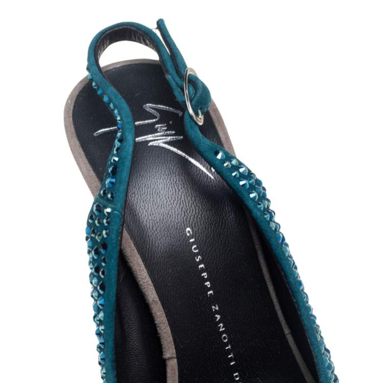 Pre Owned Giuseppe Zanotti Tri Color Suede Crystal Embellished Peep Toe Platform Slingback Sandals Size 37