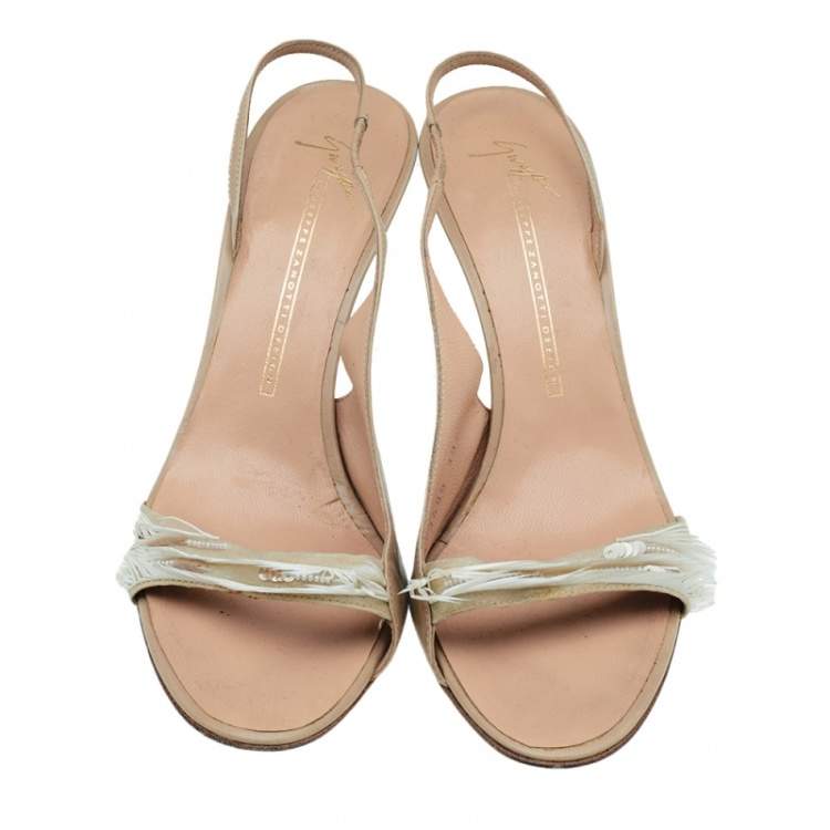 Pre Owned Giuseppe Zanotti Beige Leather Embellished Slingback Sandals Size 39.5