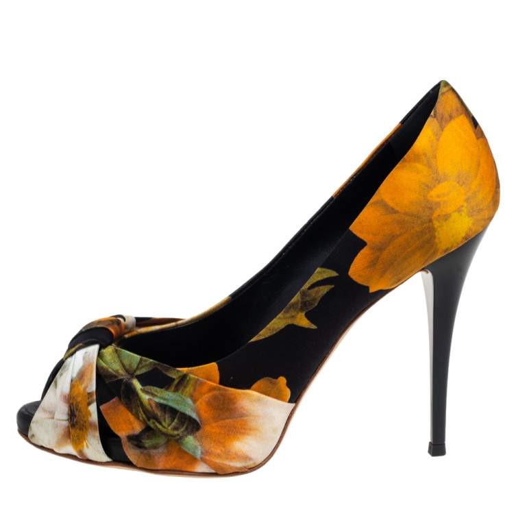 Pre Owned Giuseppe Zanotti Multicolor Satin Floral Silk Peep Toe Pumps Size 38.5
