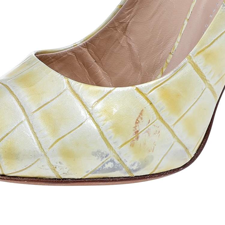 Pre Owned Giuseppe Zanotti Yellow Croc Embossed Leather Peep Toe Platform Pumps Size 40