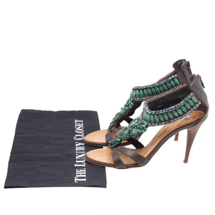 Pre Owned Giuseppe Zanotti Brown Leather Crystal Embellished Ankle Strap Sandals Size 35