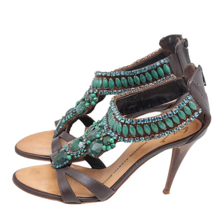 Pre Owned Giuseppe Zanotti Brown Leather Crystal Embellished Ankle Strap Sandals Size 35