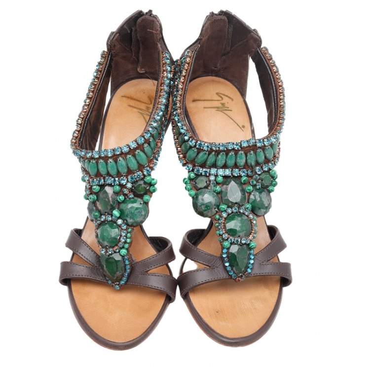 Pre Owned Giuseppe Zanotti Brown Leather Crystal Embellished Ankle Strap Sandals Size 35
