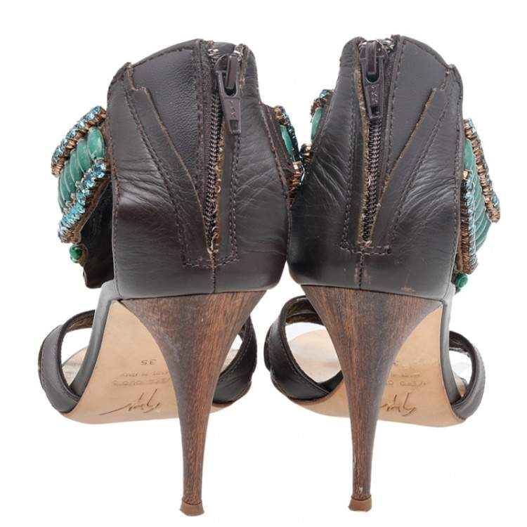Pre Owned Giuseppe Zanotti Brown Leather Crystal Embellished Ankle Strap Sandals Size 35