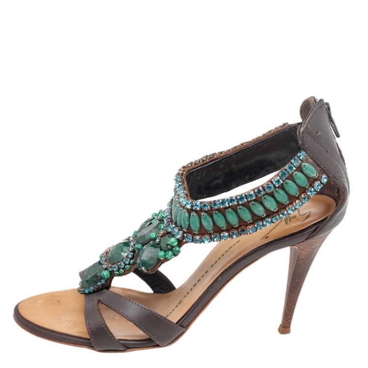 Pre Owned Giuseppe Zanotti Brown Leather Crystal Embellished Ankle Strap Sandals Size 35