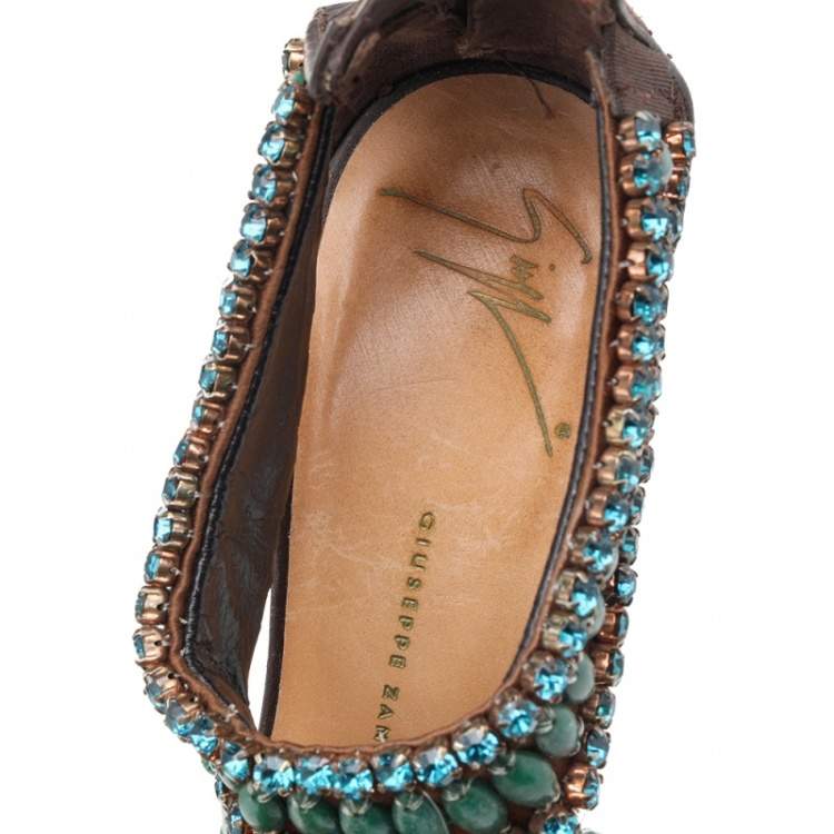Pre Owned Giuseppe Zanotti Brown Leather Crystal Embellished Ankle Strap Sandals Size 35