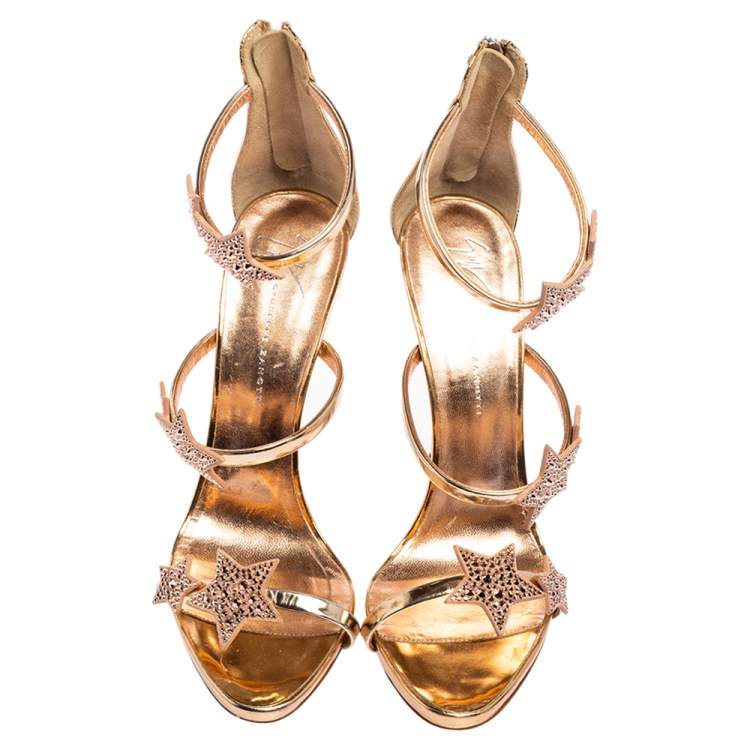 Pre Owned Giuseppe Zanotti Metallic Rose Gold Leather Harmony Star Sandals Size 40