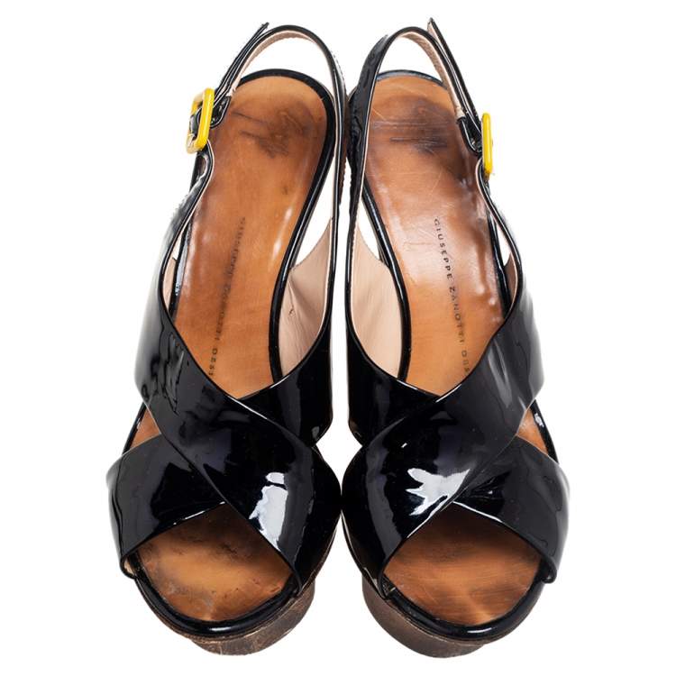 Pre Owned Giuseppe Zanotti Black Patent Leather Cross Strap Platform Sandals Size 39.5