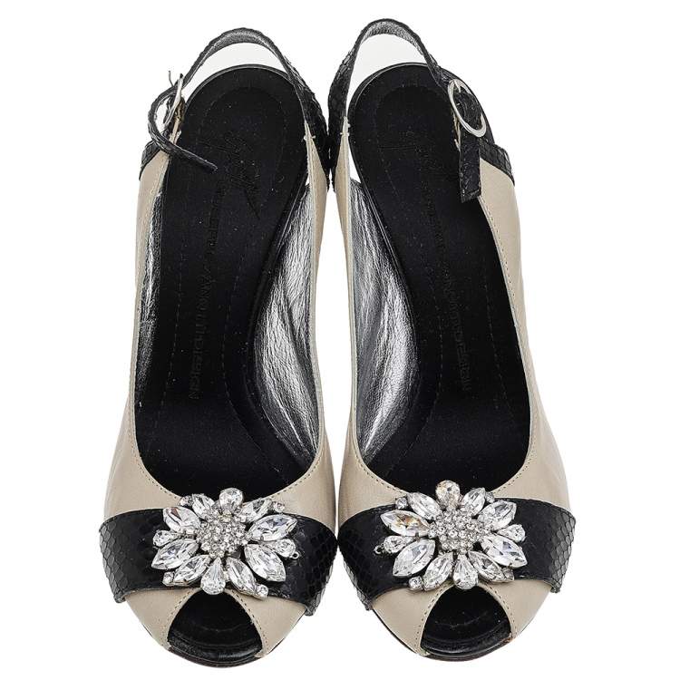Pre Owned Giuseppe Zanotti Beige/Black Leather And Python Embossed Leather Embellished Slingback Sandals Size 37.5