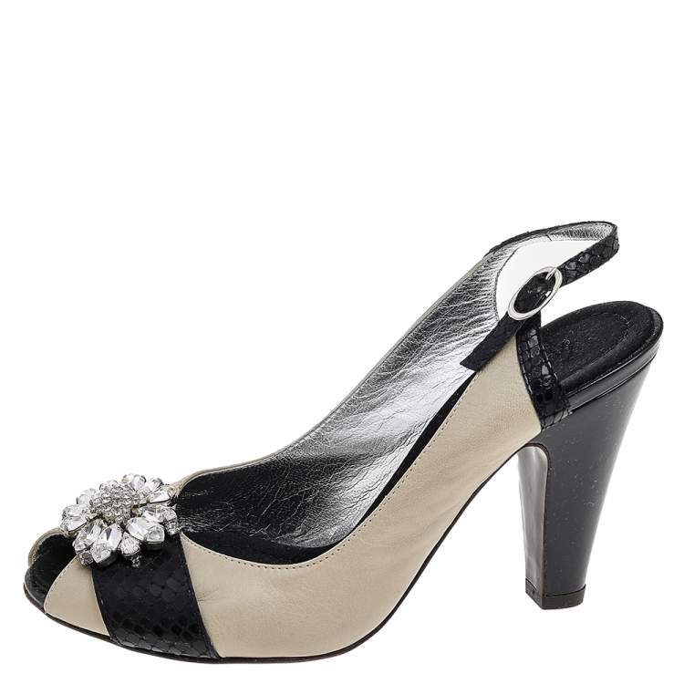 Pre Owned Giuseppe Zanotti Beige/Black Leather And Python Embossed Leather Embellished Slingback Sandals Size 37.5