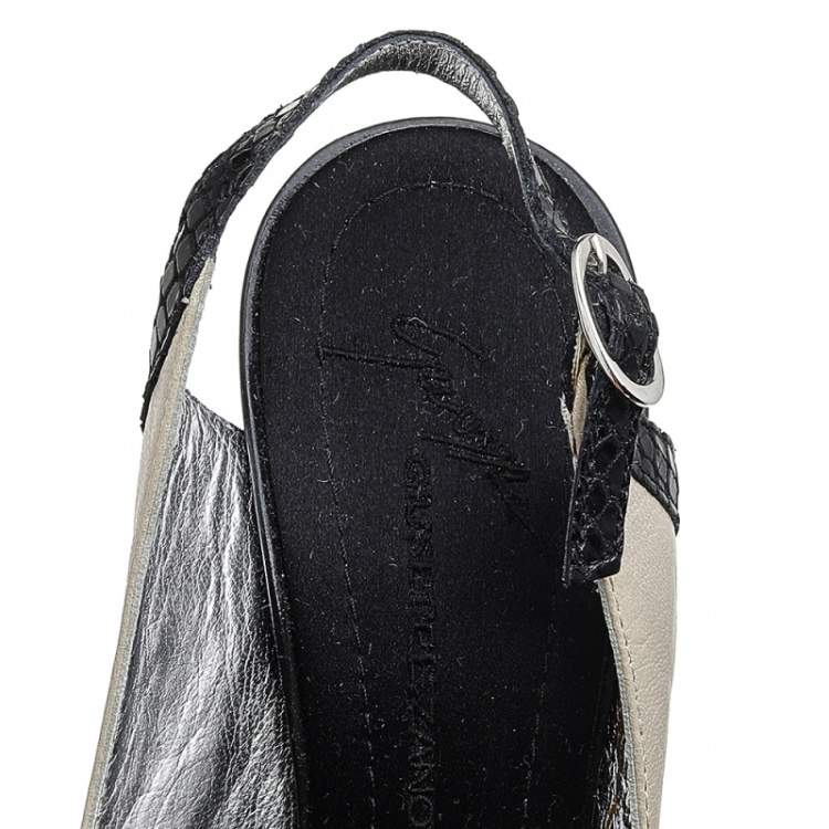 Pre Owned Giuseppe Zanotti Beige/Black Leather And Python Embossed Leather Embellished Slingback Sandals Size 37.5