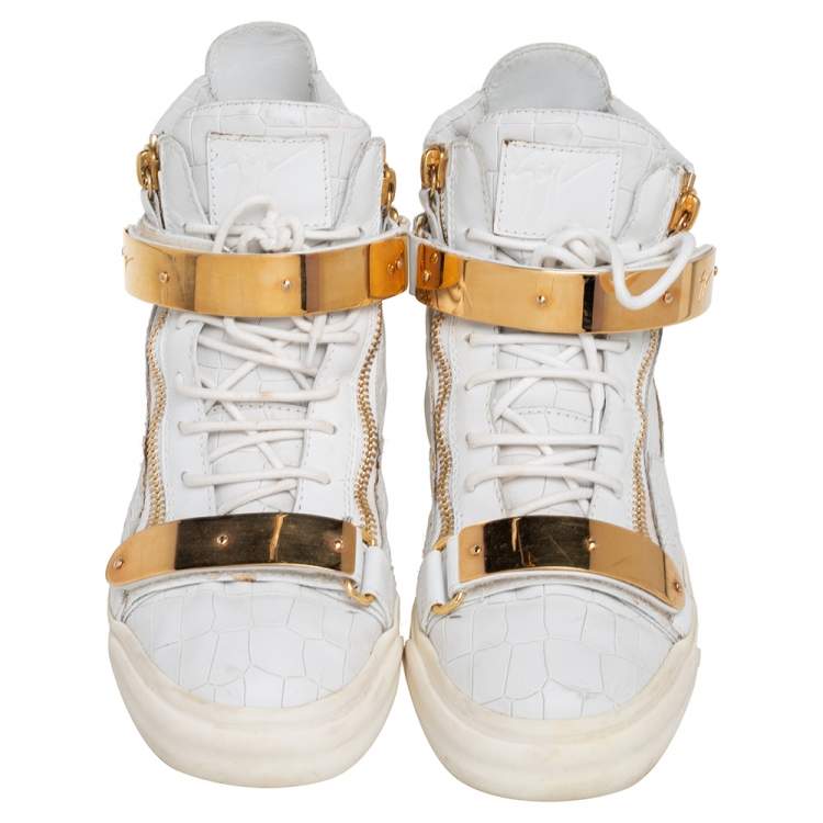 Pre Owned Giuseppe Zanotti White Croc Embossed Leather London High Top Sneakers Size 40