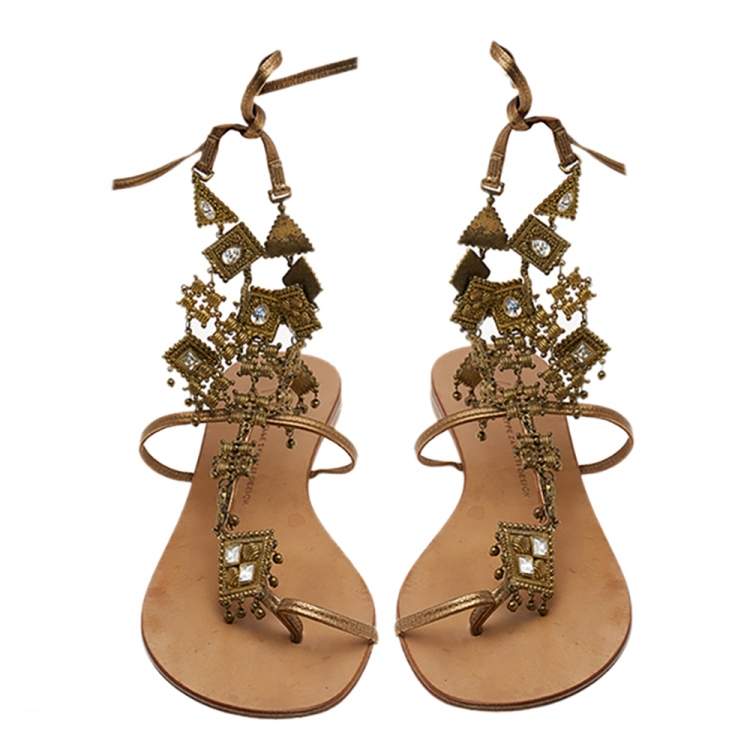 Pre Owned Giuseppe Zanotti Metallic Brown Leather Crystal Embellished T-Strap Sandals Size 38.5