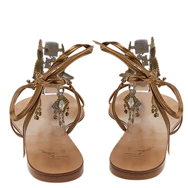 Pre Owned Giuseppe Zanotti Metallic Brown Leather Crystal Embellished T-Strap Sandals Size 38.5