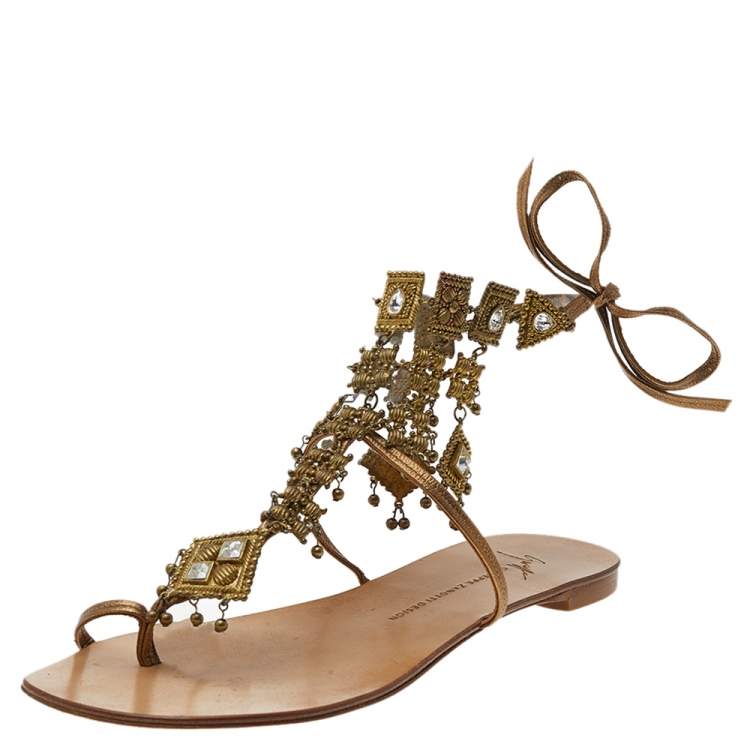Pre Owned Giuseppe Zanotti Metallic Brown Leather Crystal Embellished T-Strap Sandals Size 38.5