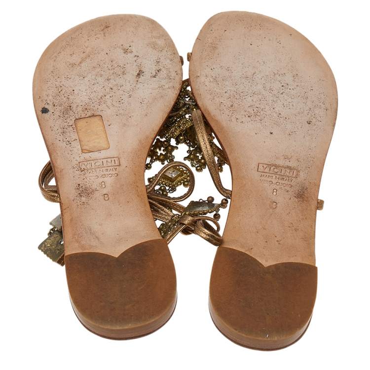 Pre Owned Giuseppe Zanotti Metallic Brown Leather Crystal Embellished T-Strap Sandals Size 38.5