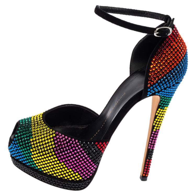 Pre Owned Giuseppe Zanotti Multicolor Strass Peep Toe Platform D'Orsay Pumps Size 36