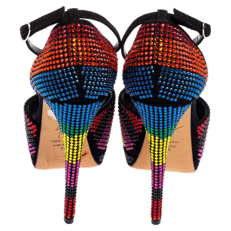 Pre Owned Giuseppe Zanotti Multicolor Strass Peep Toe Platform D'Orsay Pumps Size 36