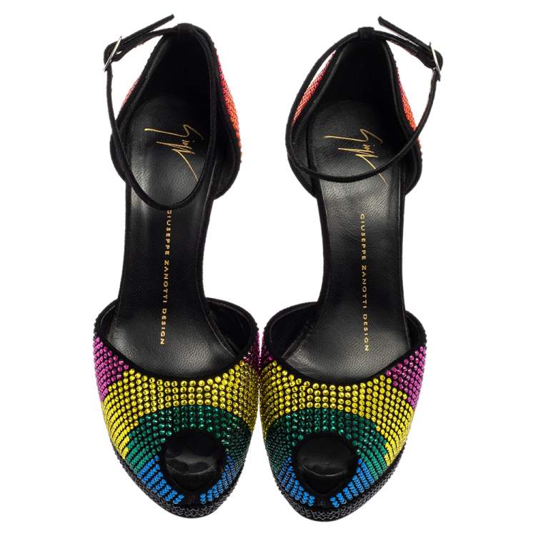 Pre Owned Giuseppe Zanotti Multicolor Strass Peep Toe Platform D'Orsay Pumps Size 36