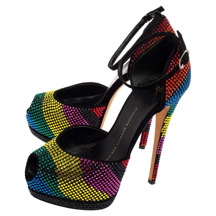 Pre Owned Giuseppe Zanotti Multicolor Strass Peep Toe Platform D'Orsay Pumps Size 36