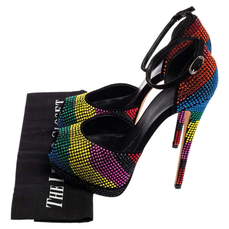 Pre Owned Giuseppe Zanotti Multicolor Strass Peep Toe Platform D'Orsay Pumps Size 36