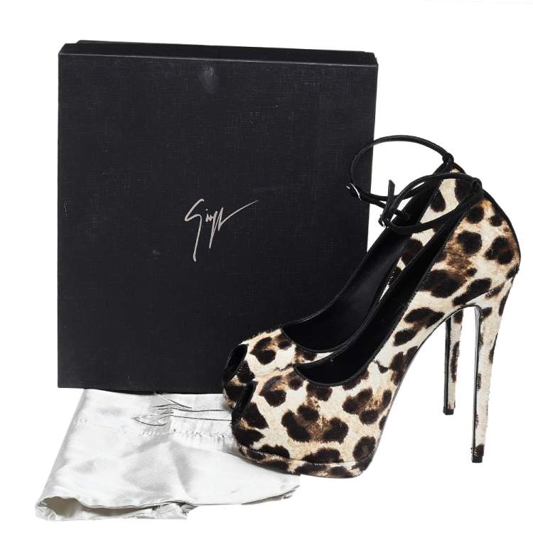 Pre Owned Giuseppe Zanotti Brown/Black Pony Hair And Suede Peep Toe Platform Ankle Strap Pumps Size 41
