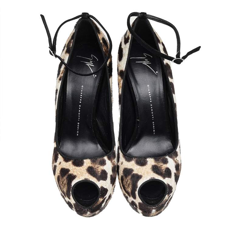 Pre Owned Giuseppe Zanotti Brown/Black Pony Hair And Suede Peep Toe Platform Ankle Strap Pumps Size 41