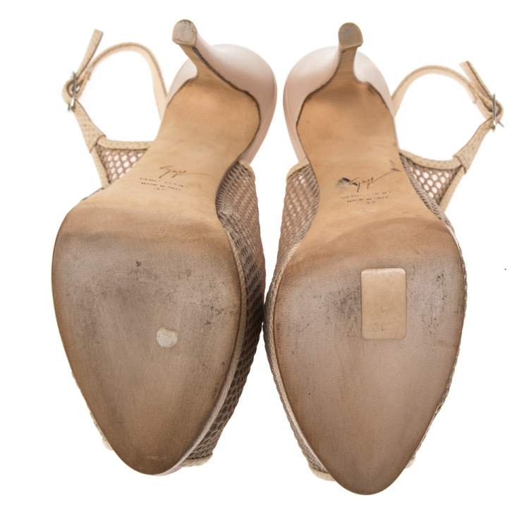 Pre Owned Guiseppe Zannotti Beige Mesh And Leather  Peep Toe Slingback Platform Sandals Size 37