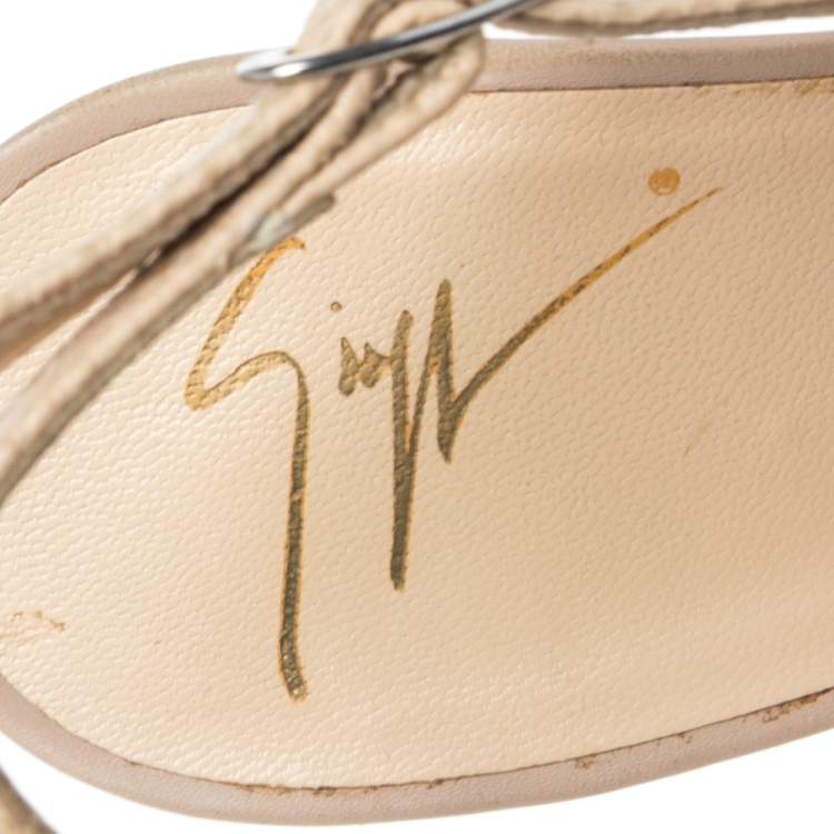 Pre Owned Guiseppe Zannotti Beige Mesh And Leather  Peep Toe Slingback Platform Sandals Size 37