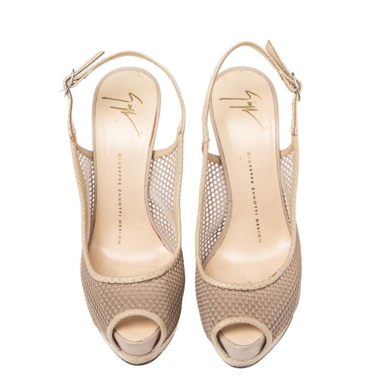 Pre Owned Guiseppe Zannotti Beige Mesh And Leather  Peep Toe Slingback Platform Sandals Size 37