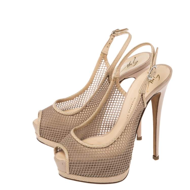 Pre Owned Guiseppe Zannotti Beige Mesh And Leather  Peep Toe Slingback Platform Sandals Size 37