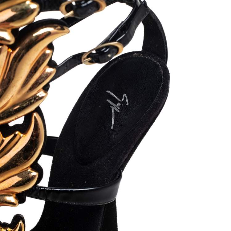 Pre Owned Giuseppe Zanotti Black Patent Leather And Suede Argent Metal Wing Embellished Strappy Sandals Size 37