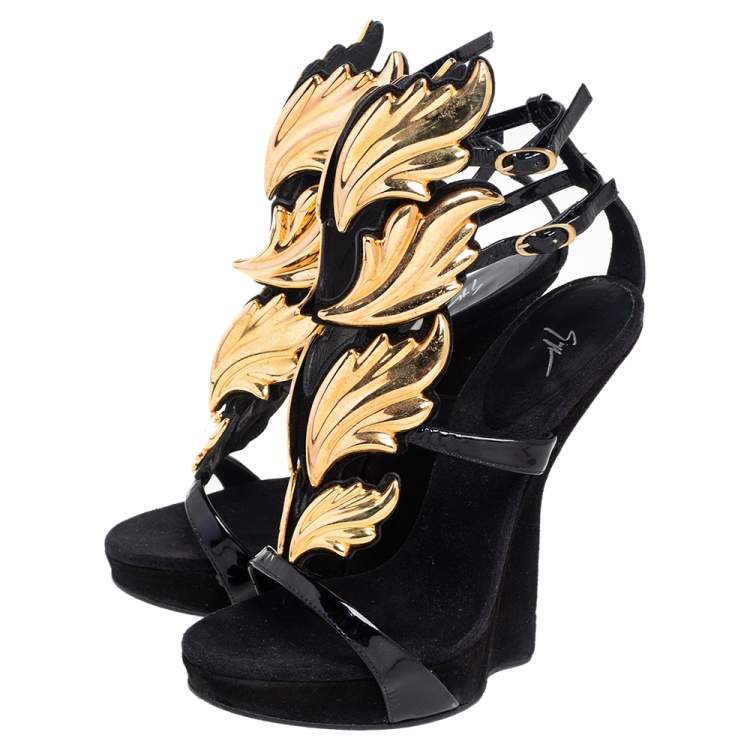 Pre Owned Giuseppe Zanotti Black Patent Leather And Suede Argent Metal Wing Embellished Strappy Sandals Size 37