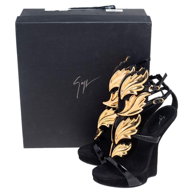 Pre Owned Giuseppe Zanotti Black Patent Leather And Suede Argent Metal Wing Embellished Strappy Sandals Size 37