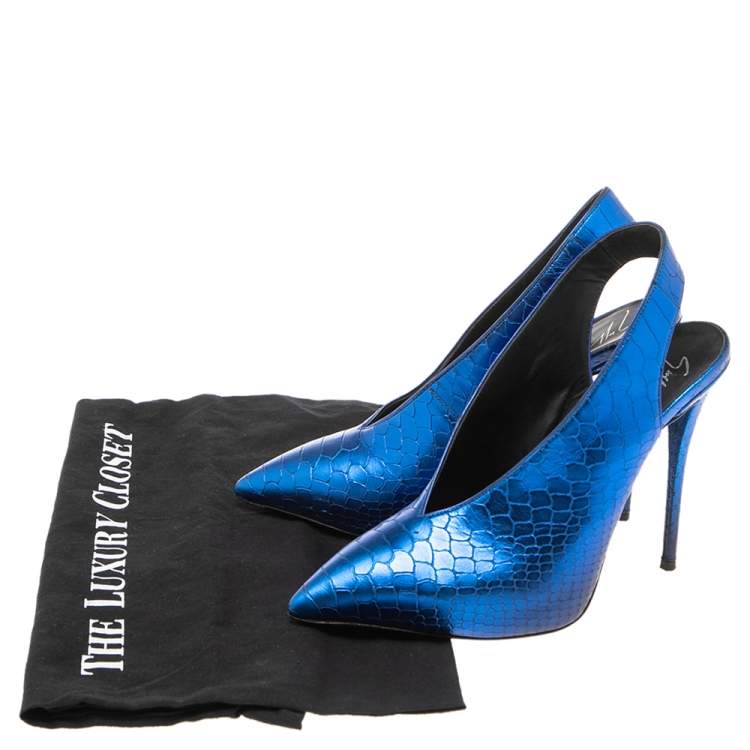Pre Owned Giuseppe Zanotti Metallic Blue Python Embossed Leather Slingback Pointed Toe Sandals Size 37