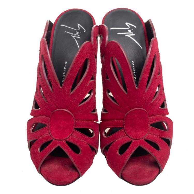 Pre Owned Giuseppe Zanotti Burgundy Cutout Suede Peep Toe Mules Size 37