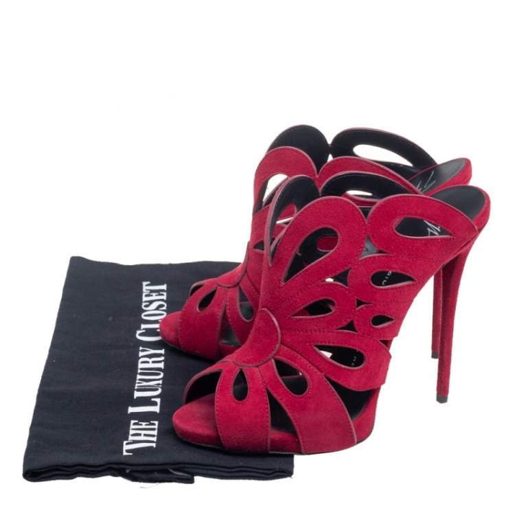 Pre Owned Giuseppe Zanotti Burgundy Cutout Suede Peep Toe Mules Size 37