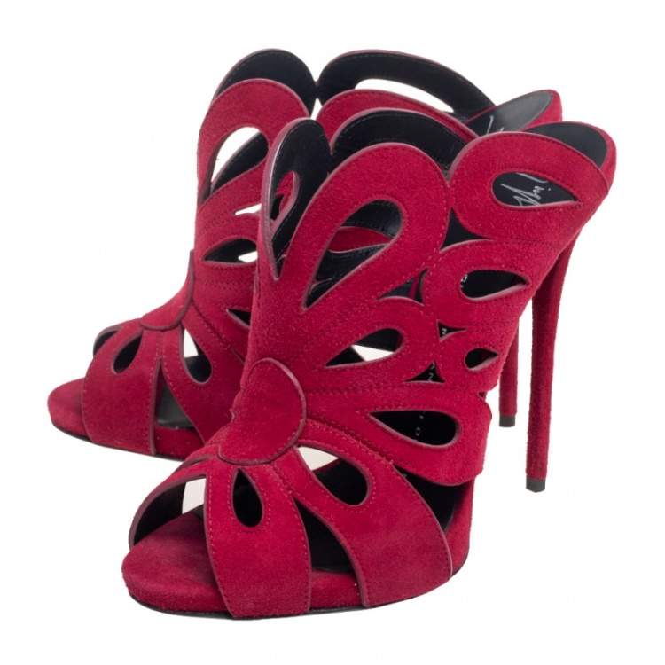 Pre Owned Giuseppe Zanotti Burgundy Cutout Suede Peep Toe Mules Size 37