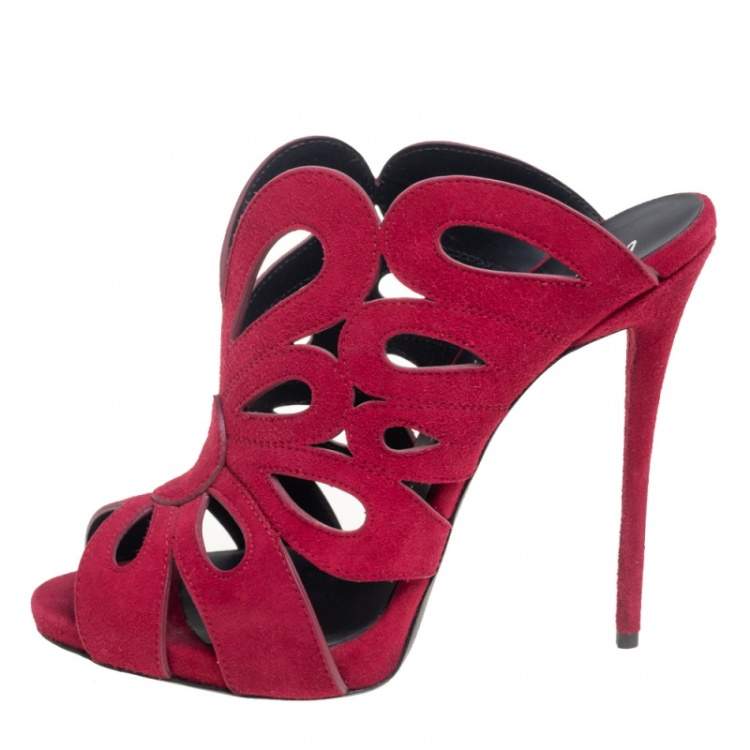 Pre Owned Giuseppe Zanotti Burgundy Cutout Suede Peep Toe Mules Size 37