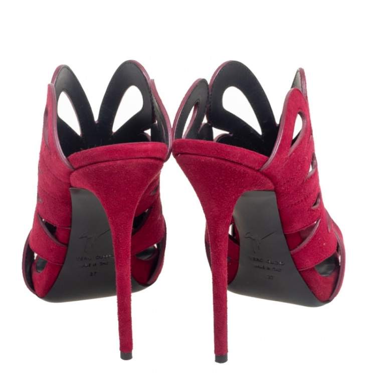 Pre Owned Giuseppe Zanotti Burgundy Cutout Suede Peep Toe Mules Size 37
